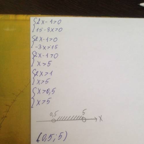 Решите систему неравенств.2x-1> 0 и 15-3x> 0