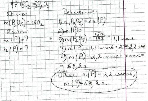 Какова масса и количество вещества фосфора необходима для получения 150 грамм оксида фосфора