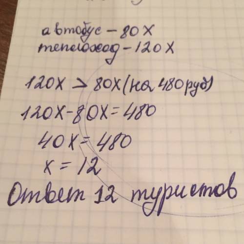 За билеты на теплоход туристы заплатили на 480 рублей больше, чем за билеты на автобус. сколько было