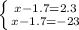 \left \{ {{x-1.7=2.3} \atop {x-1.7=-23}} \right.