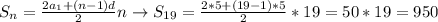 S_n=\frac{2a_1+(n-1)d}{2}n\to S_{19}=\frac{2*5+(19-1)*5}{2}*19=50*19=950