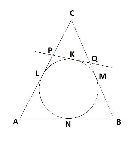 30 б. окружности вписанной в треугольн к abc проведена касательная пересекающая стороны ac и bc в то