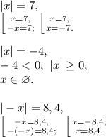 |x|=7, \\ \left [ {{x=7,} \atop {-x=7;}} \right. \left [ {{x=7,} \atop {x=-7.}} \right. \\ \\ |x|=-4, \\ -4\ \textless \ 0, \ |x|\geq0, \\ x\in\varnothing. \\ \\ |-x|=8,4, \\ \left [ {{-x=8,4,} \atop {-(-x)=8,4;}} \right. \ \left [ {{x=-8,4,} \atop {x=8,4.}} \right.