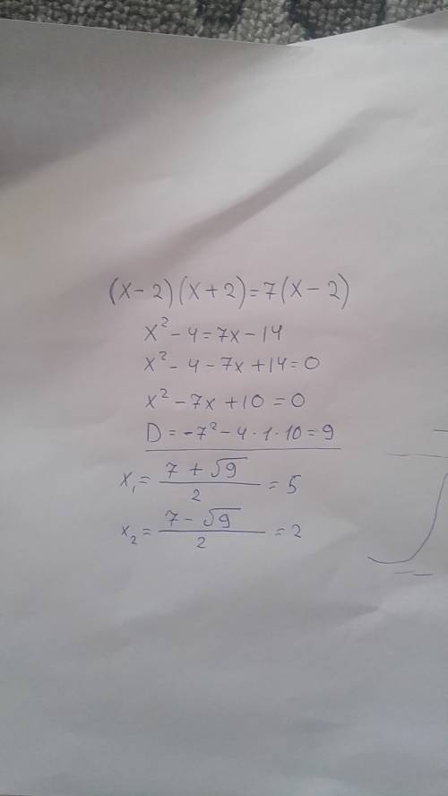 Найти дискриминант: (x-2)(x+2)=7(x-2)