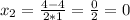 x_2= \frac{4-4}{2*1}= \frac{0}{2} =0