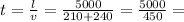 t = \frac{l}{v} = \frac{5000}{210 + 240} = \frac{5000}{450} =