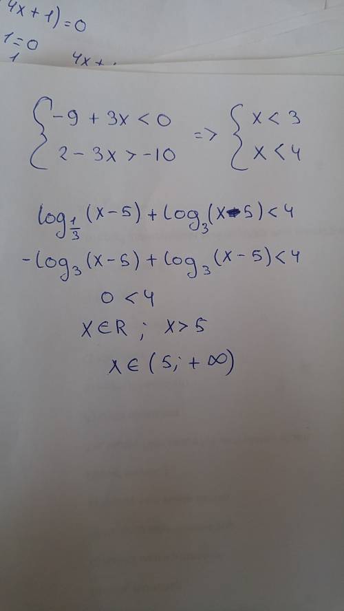 Log(x-5) по основанию 1/3 +log(x-5) по основанию корень из 3 < 4