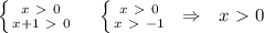 \left \{ {{x\ \textgreater \ 0} \atop {x+1\ \textgreater \ 0}} \right. ~~~ \left \{ {{x\ \textgreater \ 0} \atop {x\ \textgreater \ -1}} \right. ~\Rightarrow~~x\ \textgreater \ 0