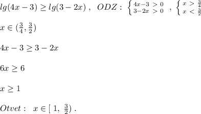 lg(4x-3) \geq lg(3-2x)\; ,\; \; ODZ:\; \left \{ {{4x-3\ \textgreater \ 0} \atop {3-2x\ \textgreater \ 0}} \right. \; ,\; \left \{ {{x\ \textgreater \ \frac{3}{4}} \atop {x\ \textless \ \frac{3}{2}}} \right. \\\\x\in (\frac{3}{4},\frac{3}{2})\\\\4x-3 \geq 3-2x\\\\6x \geq 6\\\\x \geq 1\\\\Otvet:\; \; x\in [\; 1,\; \frac{3}{2})\; .