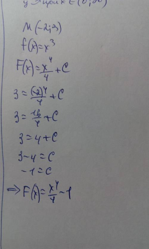 Найдите первообразную функции, график которой проходит через точку m(-2; 3) f(x)=x^3