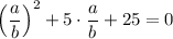 \left ( \dfrac{a}{b} \right )^2+5\cdot \dfrac{a}{b} +25=0