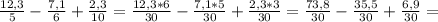 \frac{12,3}{5}- \frac{7,1}{6}+ \frac{2,3}{10}=\frac{12,3*6}{30}- \frac{7,1*5}{30}+ \frac{2,3*3}{30}= \frac{73,8}{30}- \frac{35,5}{30}+ \frac{6,9}{30}=