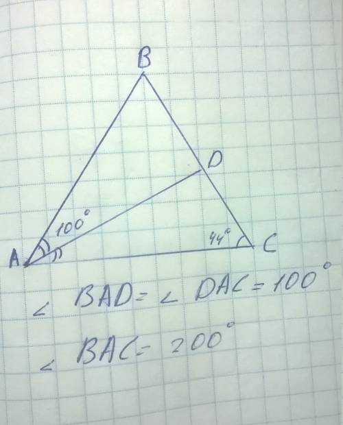 Втреугольнике abc угол с равен 44градуса ad биссектриса угла, a угол bad равен 100 градусов.найдите