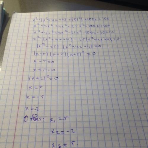 X^2(x^2+4x+4)=(5x)^2+100x+100 решите