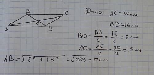 Диогонали ромба равны 16 см и 30 см. найдите его сторону.