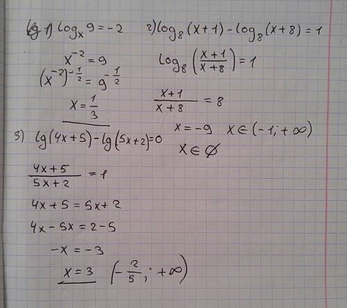 Решите, кто с логарифмами дружит, ) ㏒ₓ9= -2 ㏒₈(х+1) - ㏒₈(x+8)=1 lg(4x+5) - lg(5x+2)=0