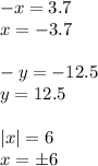 -x=3.7&#10;\\x=-3.7&#10;\\\\-y=-12.5\\y=12.5&#10;\\\\|x|=6&#10;\\x=\pm6