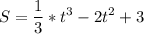 \displaystyle S= \frac{1}{3}*t^3-2t^2+3