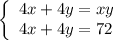 \left\{ \begin{array}{ll}4x+4y=xy\\4x+4y=72\end{array}