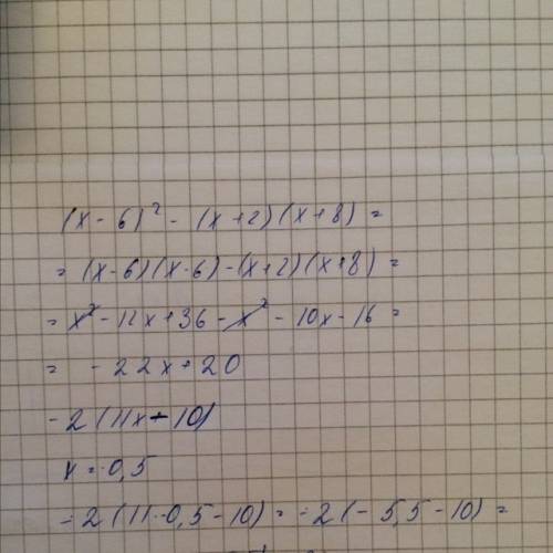 Найдите значение выражения- (x-6)²-(x+2)(x+8) при: x=-0.5