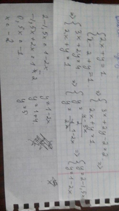 Решите систему уравнений 2x+y=1 x-2+y=1 3 4