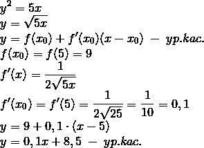 Из точки а(5,9) проведены касательные к графику кривой у²=5х. напишите уравнение линии соединяющей т