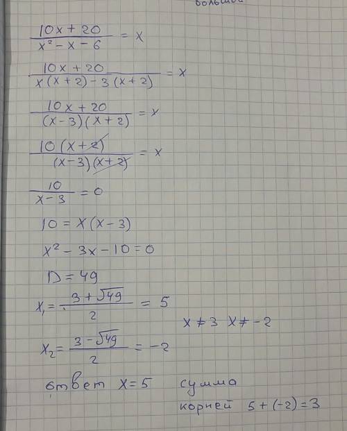 Найдите сумму корней уравнения (10x+20)/(x^2−x−6)=x.