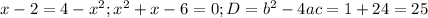 x-2=4-x^{2}; x^{2}+x-6=0; D=b^{2}-4ac=1+24=25