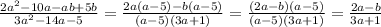 \frac{2a^2-10a-ab+5b}{3a^2-14a-5} = \frac{2a(a-5) - b(a-5)}{(a-5)(3a+1)} = \frac{(2a-b)(a-5)}{(a-5)(3a+1)} = \frac{2a-b}{3a+1}