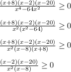 \frac{(x + 8)(x-2)(x - 20)}{x^4 - 64x^2} \geq 0 \\ \\ \frac{(x + 8)(x-2)(x - 20)}{x^2(x^2 - 64)} \geq 0 \\ \\ \frac{(x + 8)(x-2)(x - 20)}{x^2(x - 8)(x + 8)} \geq 0 \\ \\ \frac{(x-2)(x - 20)}{x^2(x - 8)} \geq 0