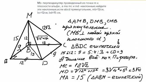 Mb- перпендикуляр проведенный из точки m к плоскости альфа , а ma mc и md -наклонные.найдите эти нак