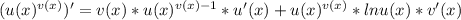 (u(x)^{v(x)})'=v(x)*u(x)^{v(x)-1}*u'(x)+u(x)^{v(x)}*lnu(x)*v'(x)