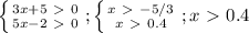 \left \{ {{3x+5\ \textgreater \ 0} \atop {5x-2\ \textgreater \ 0}} \right. ; \left \{ {{x\ \textgreater \ -5/3} \atop {x\ \textgreater \ 0.4}} \right. ; x\ \textgreater \ 0.4