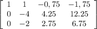 \left[\begin{array}{cccc}1&1&-0,75&-1,75\\0&-4&4.25&12.25\\0&-2&2.75&6.75\\\end{array}\right]