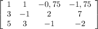 \left[\begin{array}{cccc}1&1&-0,75&-1,75\\3&-1&2&7\\5&3&-1&-2\\\end{array}\right]