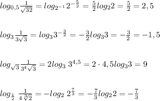 log_{0,5} \frac{1}{\sqrt{32}} =log_{2^{-1}}2^{-\frac{5}{2}}=\frac{5}{2}log_22=\frac{5}{2}=2,5\\\\\\log_{3}\frac{1}{3\sqrt3}=log_33^{-\frac{3}{2}}=-\frac{3}{2}log_33=-\frac{3}{2}=-1,5\\\\\\log_{\sqrt3}\frac{1}{3^4\sqrt3}=2log_3\; 3^{4,5}=2\cdot 4,5log_33=9\\\\\\log_{\frac{1}{2}}\; \frac{1}{4\sqrt[3]2}=-log_2\; 2^{\frac{7}{3}}=-\frac{7}{3}log_22=-\frac{7}{3}