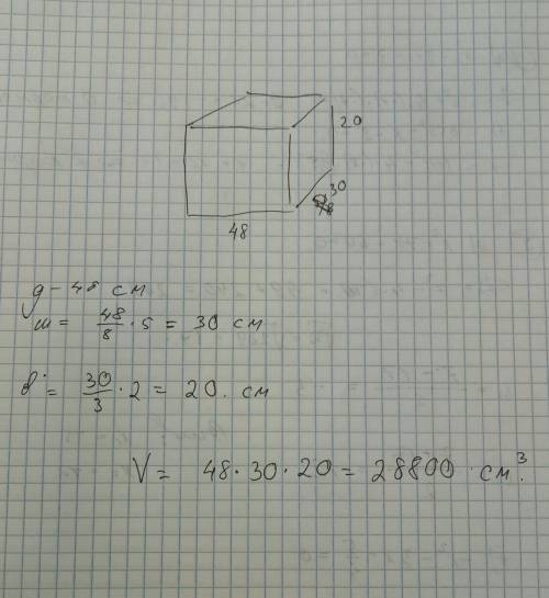 Длина прямоугольного параллелепипеда равна 48 см,ширина составляет 5/ 8 длины,а высота - 2/ 3 ширины
