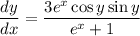 \dfrac{dy}{dx} = \dfrac{3e^x\cos y\sin y}{e^x+1}