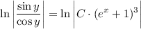 \displaystyle \ln\bigg| \frac{\sin y}{\cos y}\bigg|=\ln\bigg|C\cdot(e^x+1)^3\bigg|