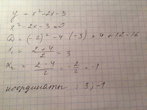 Найдите координаты точек пересечения графика с осями координат y= x^2-2x-3