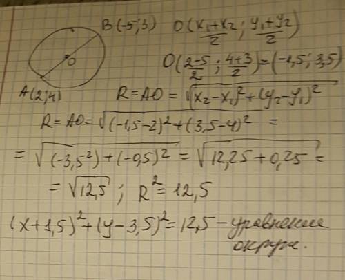 Даны точки а(2; 4) и в(-5; 3). напишите уравнение окружности, диаметр которой равен ав. (с решением,