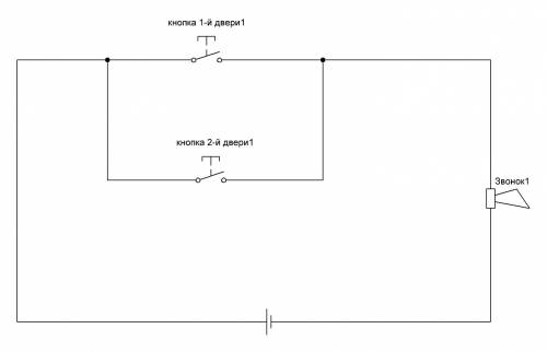 Схема электрической цепи, где есть два ключа, один звонок и один источник тока. : в доме есть две дв