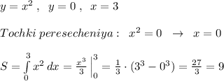 y=x^2\; ,\; \; y=0\; ,\; \; x=3\\\\Tochki\; peresecheniya:\; \; x^2=0\; \; \to \; \; x=0\\\\S= \int\limits^3_0 {x^2} \, dx =\frac{x^3}{3}\, \Big |_0^3=\frac{1}{3}\cdot (3^3-0^3)=\frac{27}{3}=9