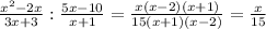 {x^2-2x\over3x+3}:{5x-10\over x+1}={x(x-2)(x+1)\over15(x+1)(x-2)}={x\over15}