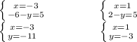 \left \{ {{x = -3} \atop {-6 - y = 5 }} \right. \ \ \ \ \ \ \ \ \ \ \ \ \ \left \{ {{x=1} \atop {2 - y = 5}} \right. \\ \left \{ {{x = -3} \atop {y = -11}} \right. \ \ \ \ \ \ \ \ \ \ \ \ \ \ \ \left \{ {{x = 1 \atop {y = -3 }} \right.