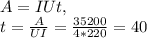 A=IUt, \\&#10;t= \frac{A}{UI} = \frac{35200}{4*220} =40