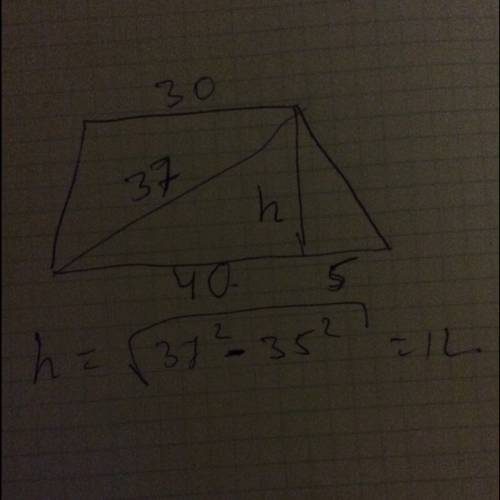 Найдите высоту равнобокой трапеции, диагональ которой равна 37 см а основания 30см и 40 см