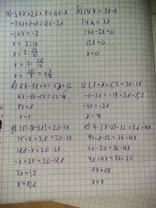 Решите уравнения а)-3,4х+2,6+х=0,6-х б)14+х=3х-х в)6х-9х+4=5х+12 г)3,8-х+5,2=3х-19 д)15-(х-3,8)=20-3