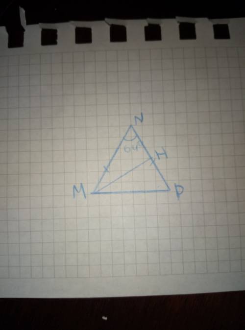 Сделайте чертёж письменно по ) вравнобедренном треугольнике mnp с основанием mp и углом n равным 64