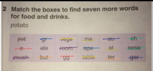 Match the boxes to find seven more words for food and drinks